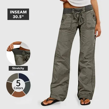 Solid Seam Detail Drawstring Mid Rise Straight Leg Pants High Stretch