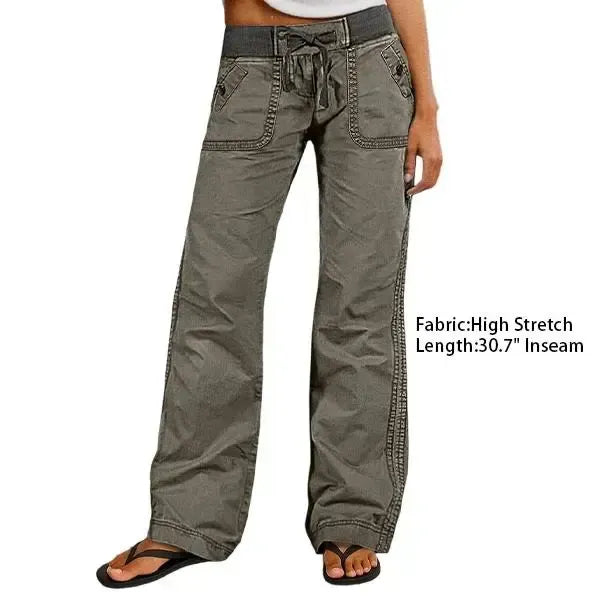 Solid Seam Detail Drawstring Mid Rise Straight Leg Pants High Stretch