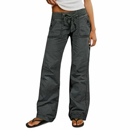 Solid Seam Detail Drawstring Mid Rise Straight Leg Pants High Stretch