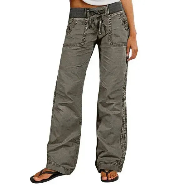 Solid Seam Detail Drawstring Mid Rise Straight Leg Pants High Stretch