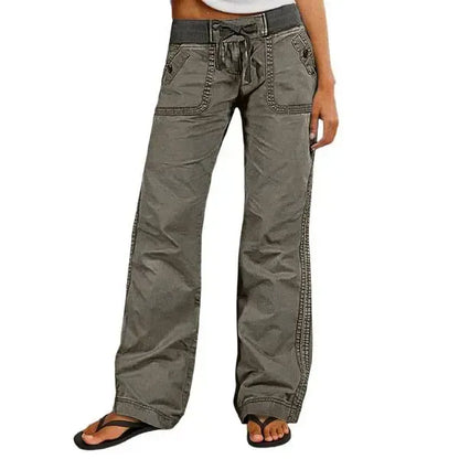Solid Seam Detail Drawstring Mid Rise Straight Leg Pants High Stretch