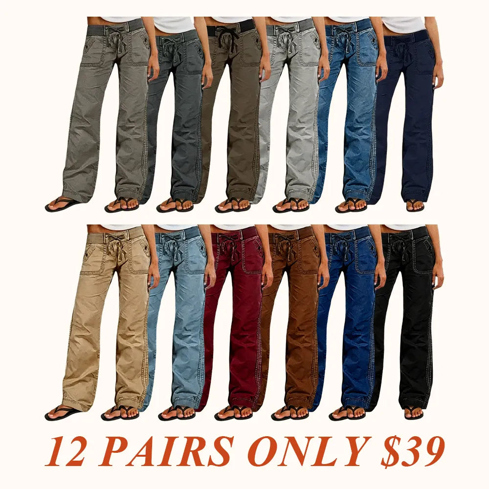 Solid Seam Detail Drawstring Mid Rise Straight Leg Pants High Stretch