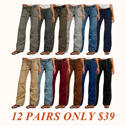 Solid Seam Detail Drawstring Mid Rise Straight Leg Pants High Stretch