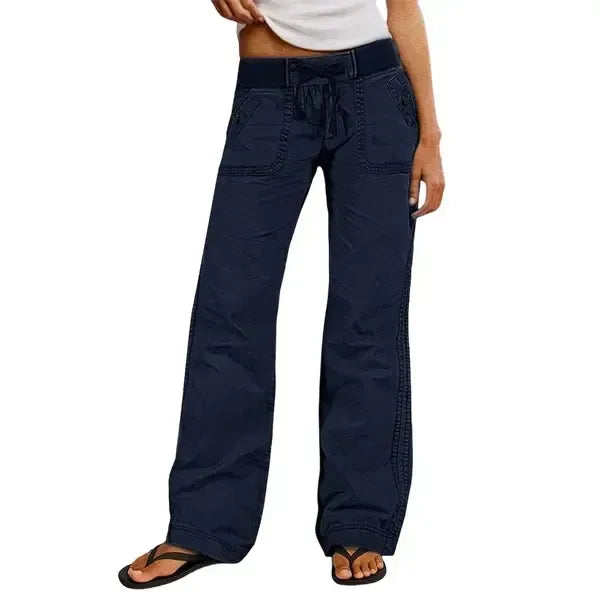 Solid Seam Detail Drawstring Mid Rise Straight Leg Pants High Stretch