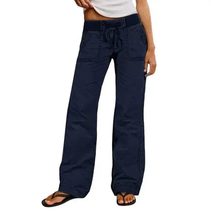 Solid Seam Detail Drawstring Mid Rise Straight Leg Pants High Stretch