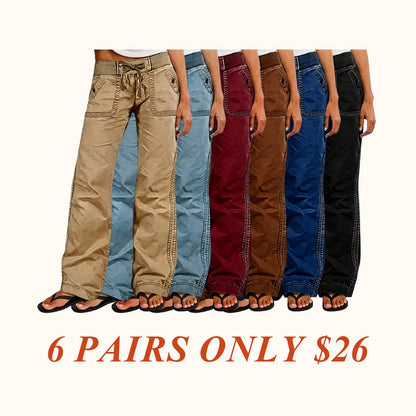 Solid Seam Detail Drawstring Mid Rise Straight Leg Pants High Stretch