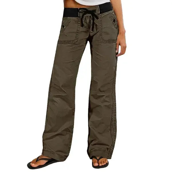 Solid Seam Detail Drawstring Mid Rise Straight Leg Pants High Stretch