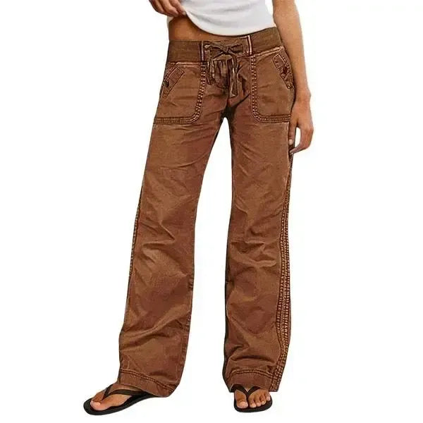 Solid Seam Detail Drawstring Mid Rise Straight Leg Pants High Stretch