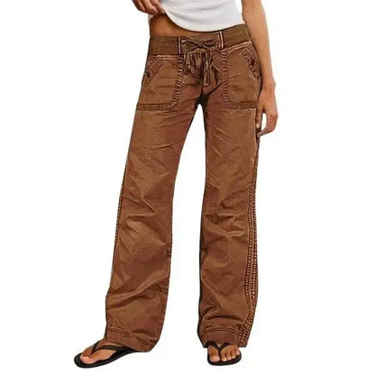 Solid Seam Detail Drawstring Mid Rise Straight Leg Pants High Stretch